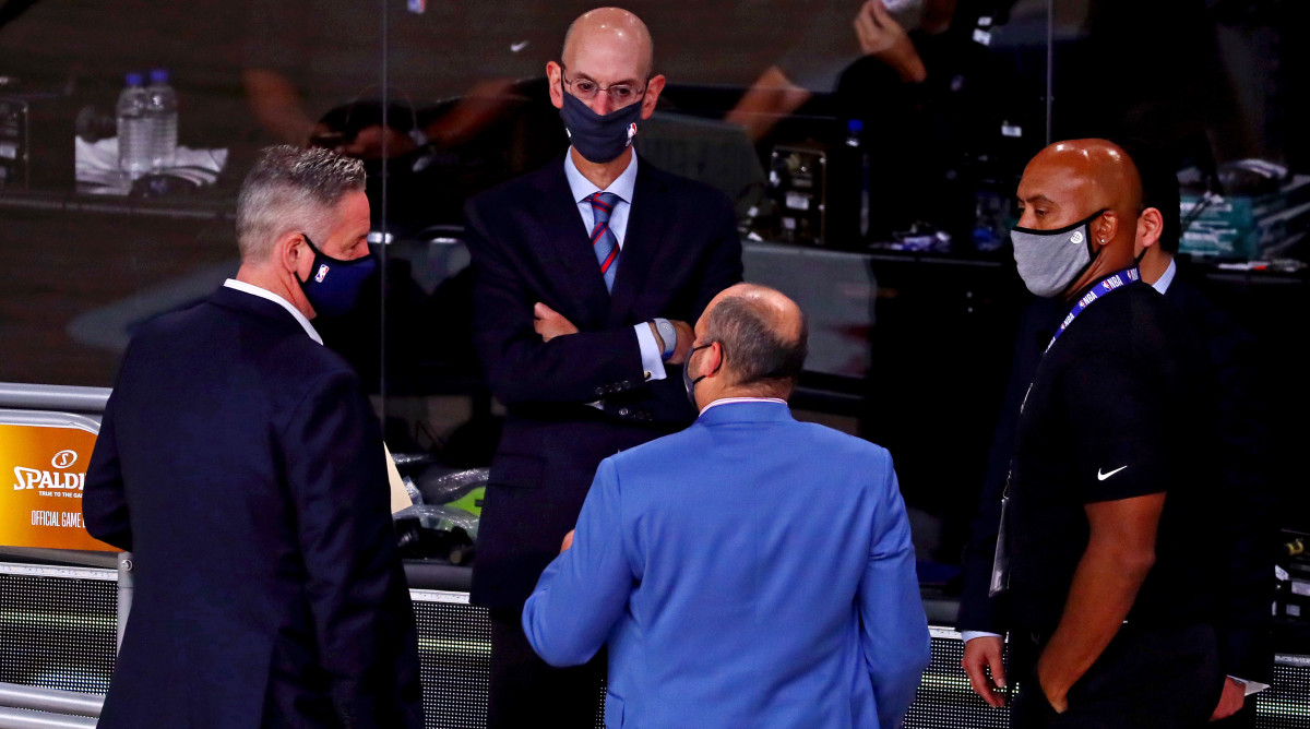 NBA commissioner Adam Silver talks before game five of the 2020 NBA Finals between the Los Angeles Lakers and the Miami Heat at AdventHealth Arena.
